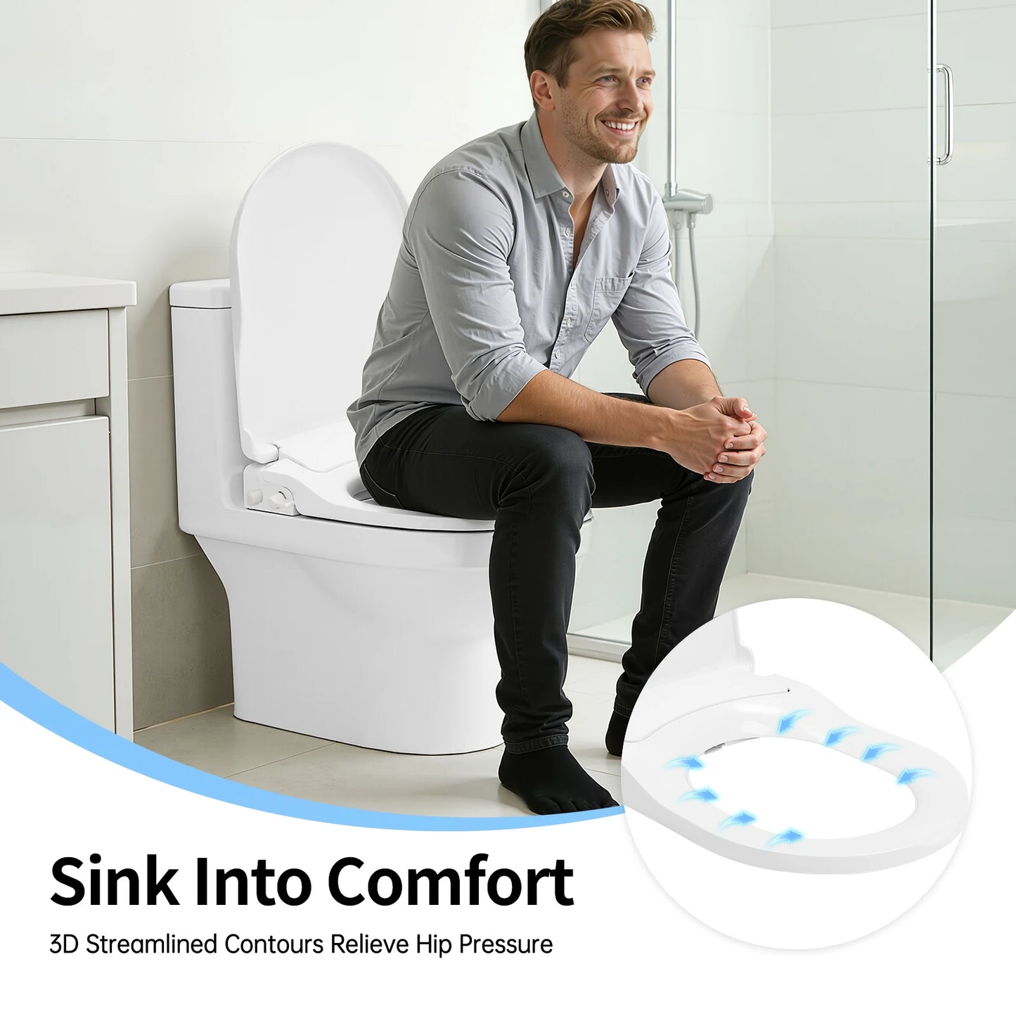 D‑Shape Non‑Electric Bidet Toilet Seat Dual Nozzle 3 Hole Spray Front Rear Washing Water Pressure Powered Slow Close PP Material Easy Installation Self‑Cleaning Nozzle Universal Fit for Bathroom Hygiene Personal Care