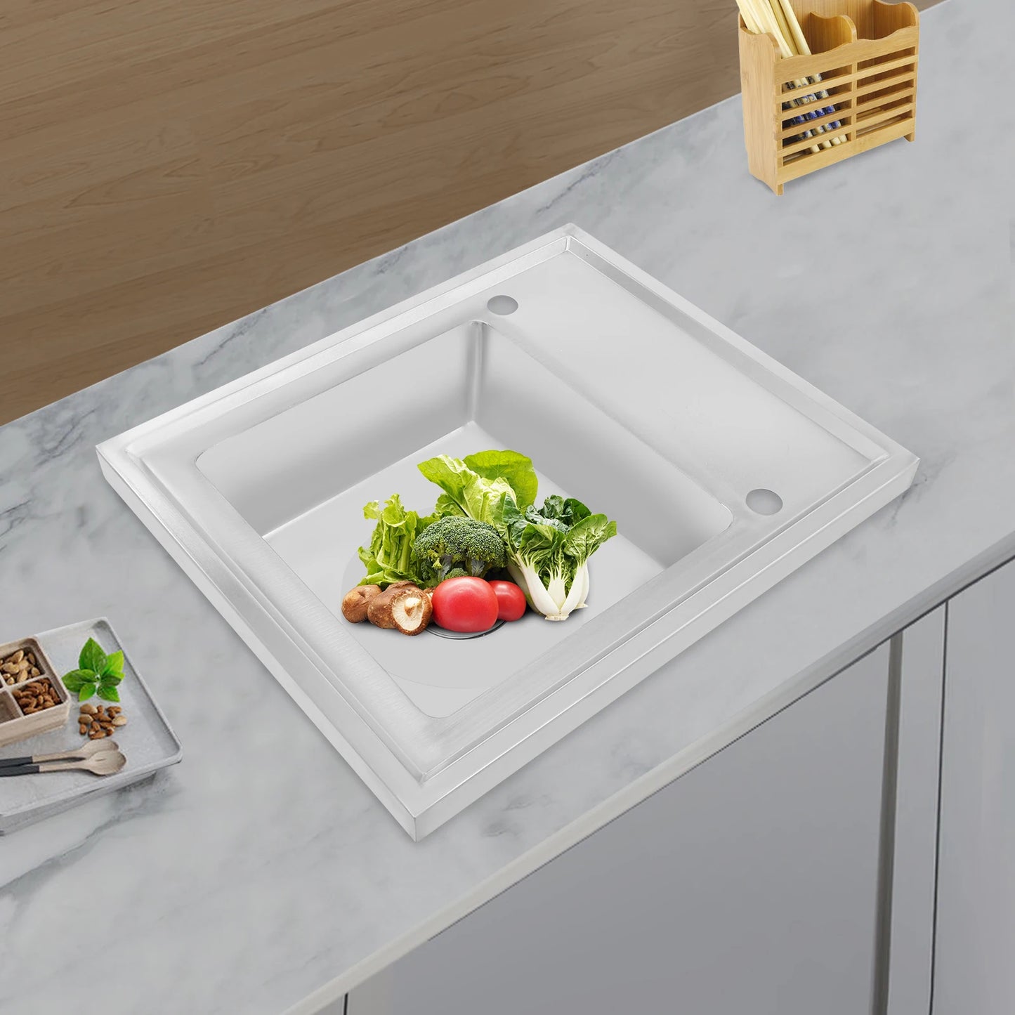 (Clearance Sale!) Single-scale Sink 201 Stainless Steel Sink with Drainboard 60cm Drop-in Kitchen Basin Washing Basin Household Washing Sink for Home & Commercial Use