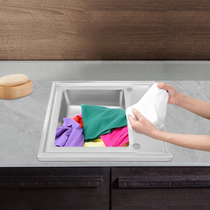 (Clearance Sale!) Single-scale Sink 201 Stainless Steel Sink with Drainboard 60cm Drop-in Kitchen Basin Washing Basin Household Washing Sink for Home & Commercial Use
