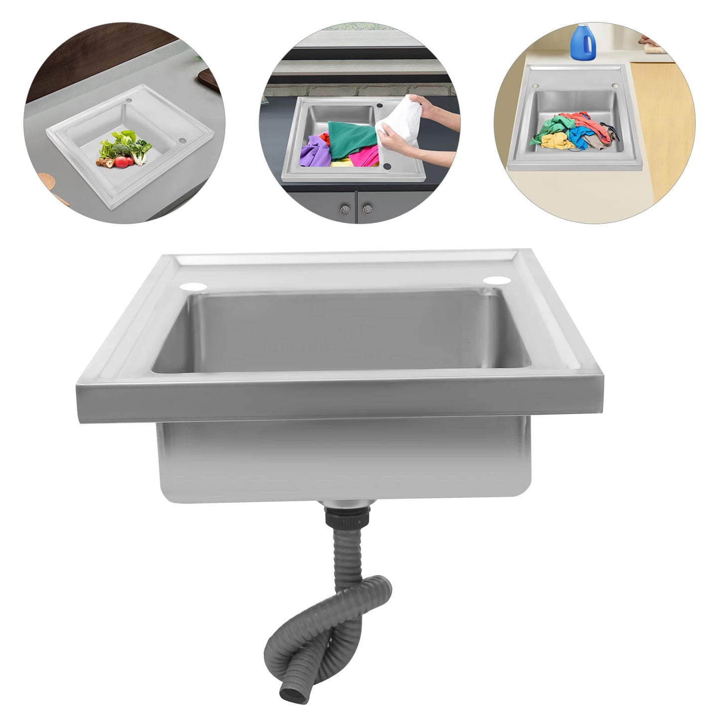 (Clearance Sale!) Single-scale Sink 201 Stainless Steel Sink with Drainboard 60cm Drop-in Kitchen Basin Washing Basin Household Washing Sink for Home & Commercial Use