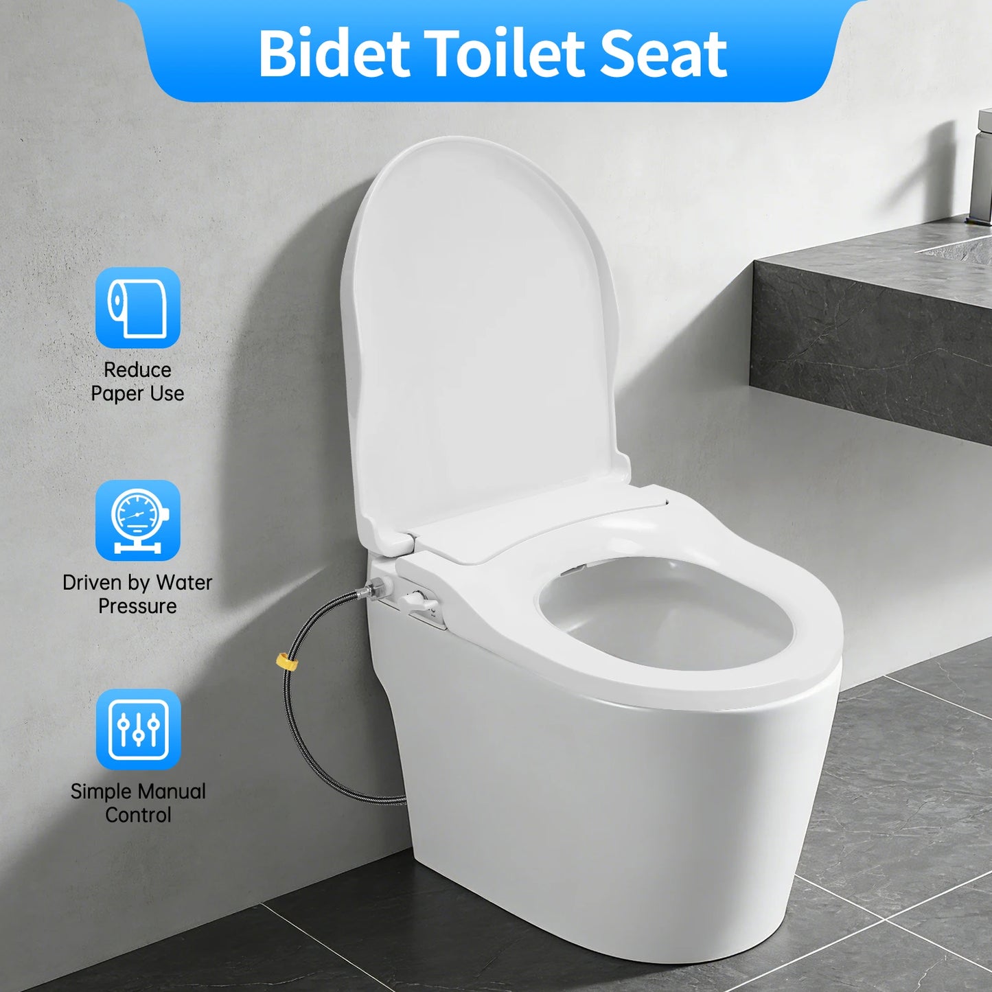 D‑Shape Non‑Electric Bidet Toilet Seat Dual Nozzle 3 Hole Spray Front Rear Washing Water Pressure Powered Slow Close PP Material Easy Installation Self‑Cleaning Nozzle Universal Fit for Bathroom Hygiene Personal Care