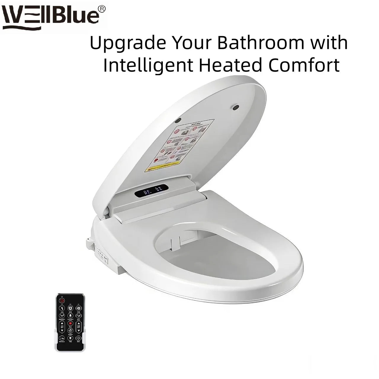Smart Toilet Seat with Remote, Heated Seat, Air Dryer, Hygienic Wash. Includes Adjustable Water Temp & Self-Cleaning Nozzle for