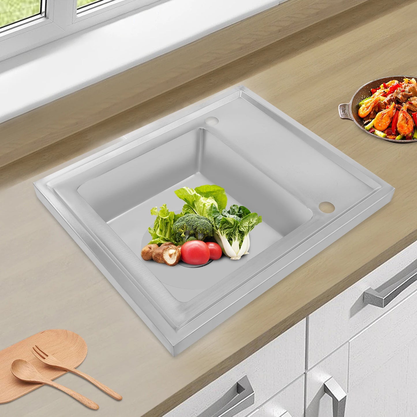 (Clearance Sale!) Single-scale Sink 201 Stainless Steel Sink with Drainboard 60cm Drop-in Kitchen Basin Washing Basin Household Washing Sink for Home & Commercial Use