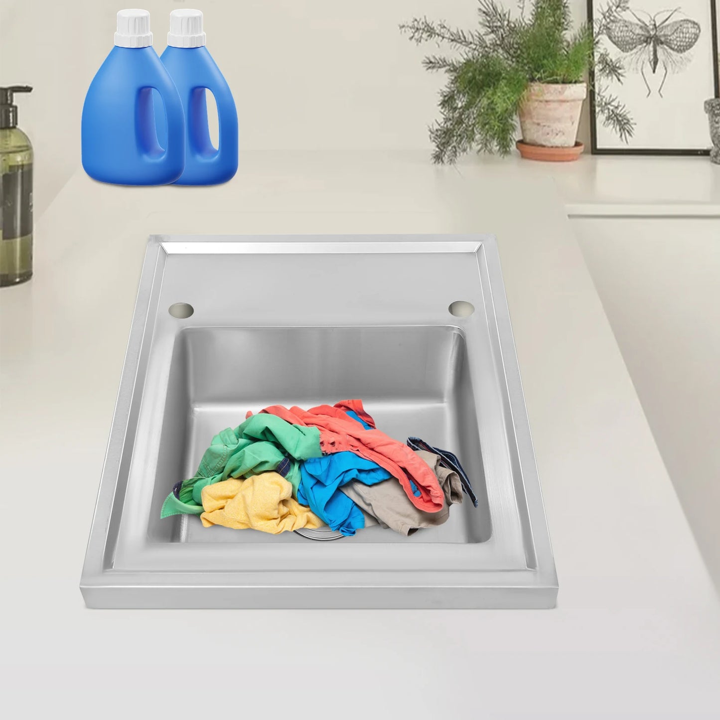 (Clearance Sale!) Single-scale Sink 201 Stainless Steel Sink with Drainboard 60cm Drop-in Kitchen Basin Washing Basin Household Washing Sink for Home & Commercial Use
