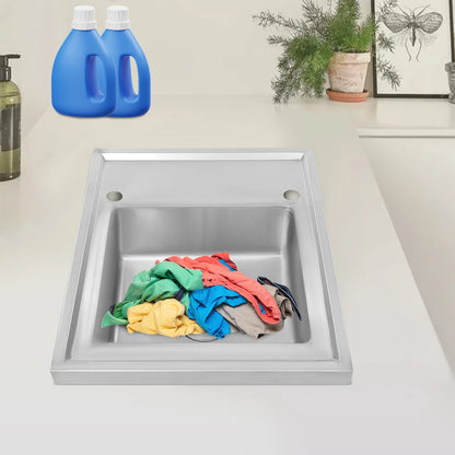 (Clearance Sale!) Single-scale Sink 201 Stainless Steel Sink with Drainboard 60cm Drop-in Kitchen Basin Washing Basin Household Washing Sink for Home & Commercial Use