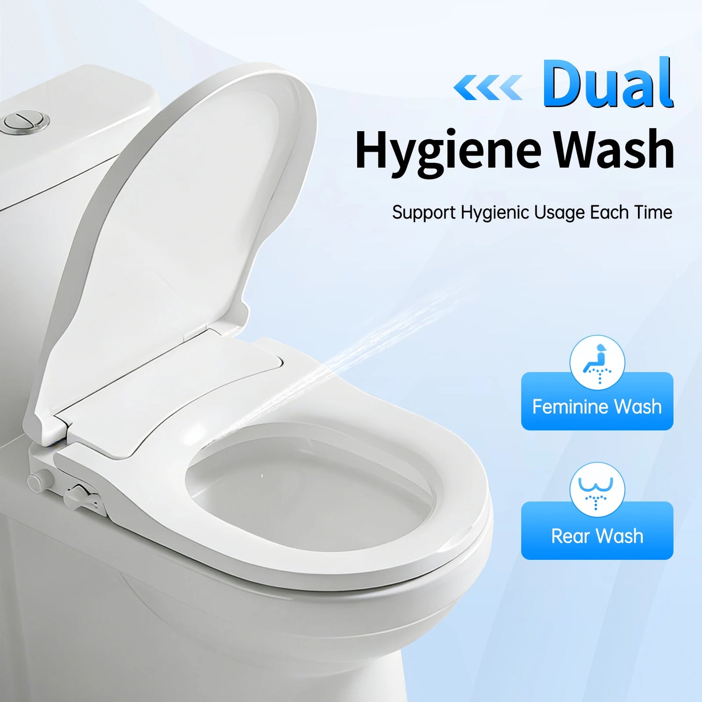 D‑Shape Non‑Electric Bidet Toilet Seat Dual Nozzle 3 Hole Spray Front Rear Washing Water Pressure Powered Slow Close PP Material Easy Installation Self‑Cleaning Nozzle Universal Fit for Bathroom Hygiene Personal Care