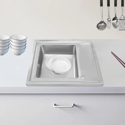 (Clearance Sale!) Single-scale Sink 201 Stainless Steel Sink with Drainboard 60cm Drop-in Kitchen Basin Washing Basin Household Washing Sink for Home & Commercial Use