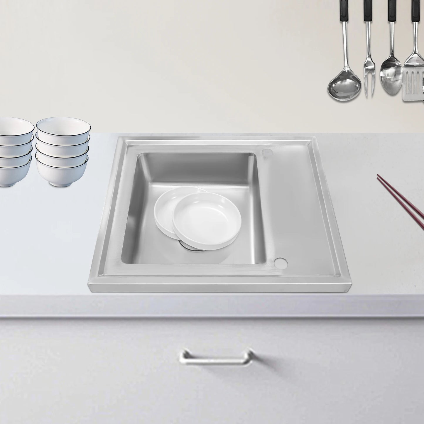 (Clearance Sale!) Single-scale Sink 201 Stainless Steel Sink with Drainboard 60cm Drop-in Kitchen Basin Washing Basin Household Washing Sink for Home & Commercial Use
